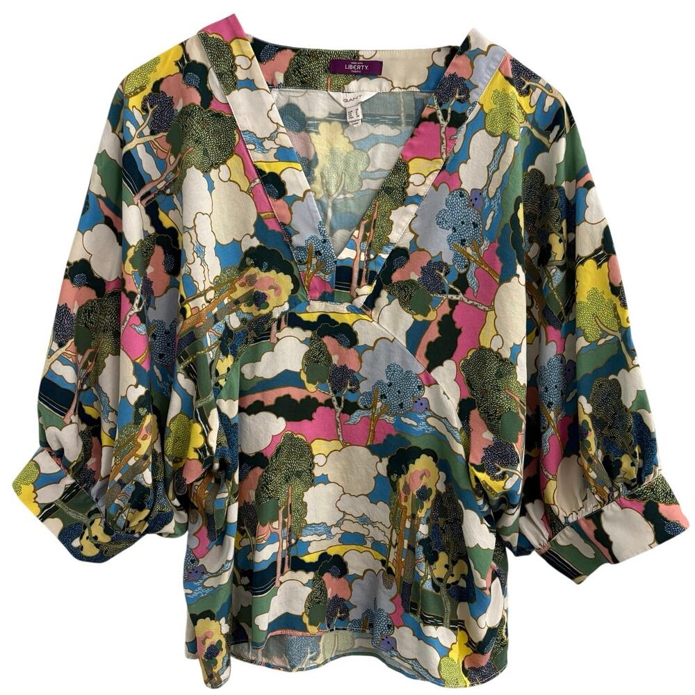 Gant Liberty Fabric V-Neck Blouse US 6 Short Puff Sleeve Tree Print Artsy Boho